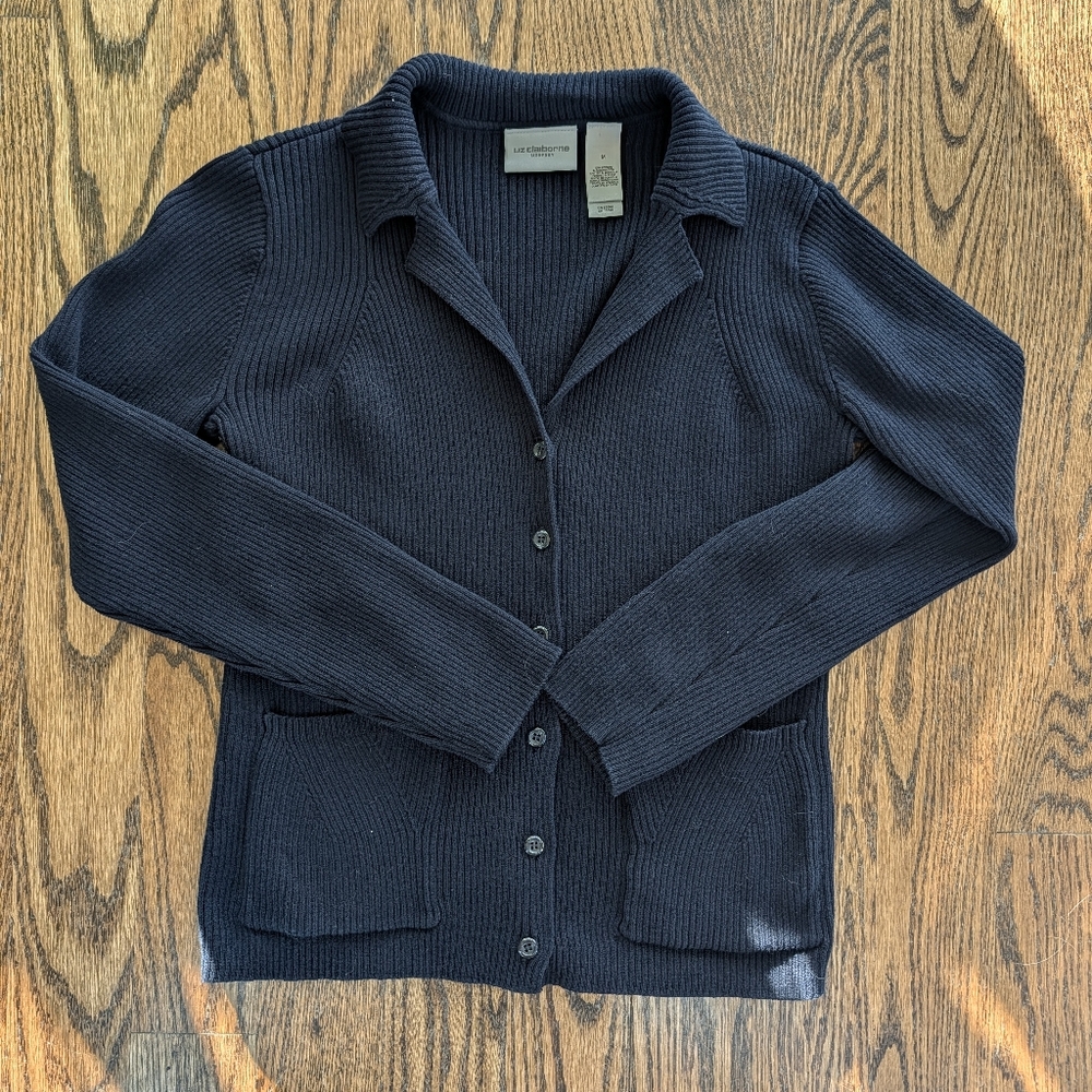 Liz Claiborne Navy Blue Ribbed Cardigan Sweater